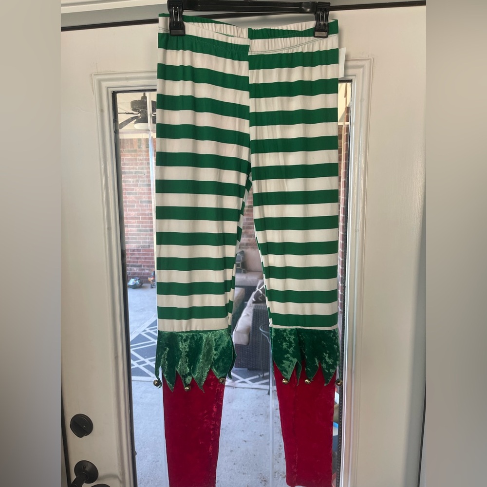 Derek Heart Holiday Green and White Striped Leggings with Red Velvet Trim
